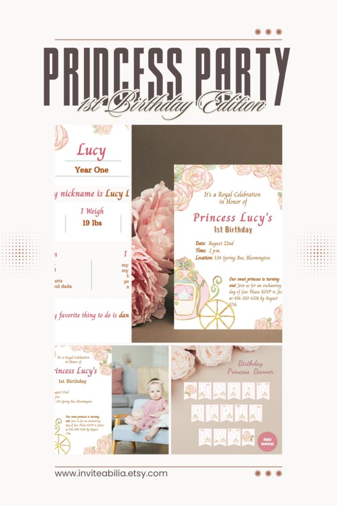 Enchanting 1st Birthday Princess Collection featuring a whimsical pink princess carriage and floral accents. Includes invitations, birthday banner, and 1st year milestones sign.