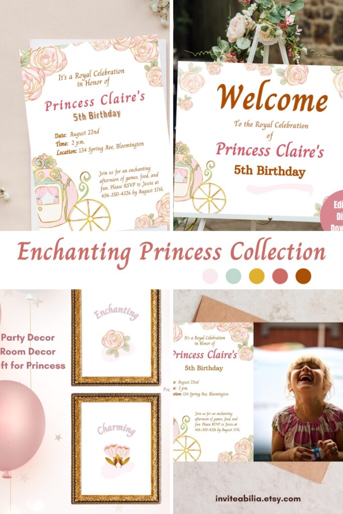 Enchanting Birthday Princess Collection featuring a whimsical pink princess carriage and floral accents. Includes invitations, welcome sign, and wall décor.