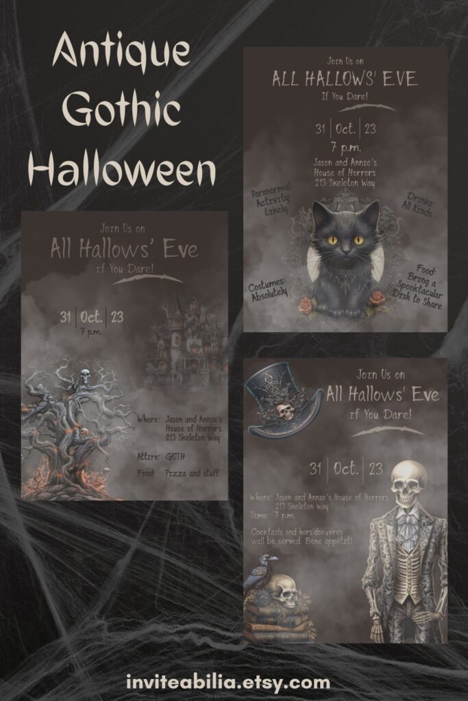 Antique Vintage Gothic Halloween Invitations featuring a haunted house, gnarly tree with a skull and crow, black cat, and skeleton in his finest attire. 