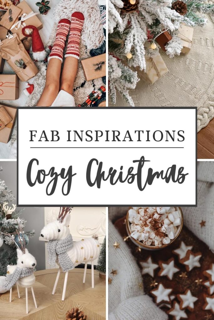 Fab Inspirations Cozy Christmas décor inspirations, including warm and comfy looking blankets, sweaters and slipper socks, cream colored cable knitted tree skirt, cream colored reindeer figurines with light gray knitted scarves.