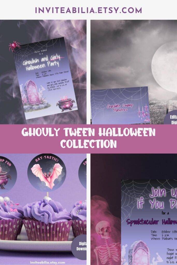 This pink Halloween Collection is ghouly and perfect for tweens. It combines ghoulish and glam elements, including pink headstones, cauldrons, bats, spiders, candelabras, and more. Includes invitations, cupcake toppers, and food tent labels. 