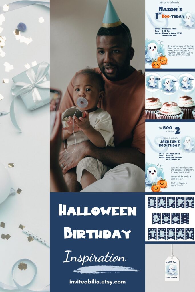 Halloween Birthday Collection for 1 and 2 year olds, featuring cute ghosts and pumpkins on whimsical blue background. Includes editable invitations, cupcake toppers, gift tags, and birthday banners. 