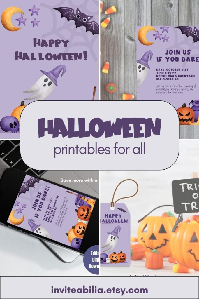 Spooky Halloween Collection includes printable that are appropriate for all ages with a perfect balance of spooky and cute graphics, including ghosts, pumpkins bats, cauldrons, witch's broom, and skill, all on a purple background. Includes wall art, invitation, and gift tags.