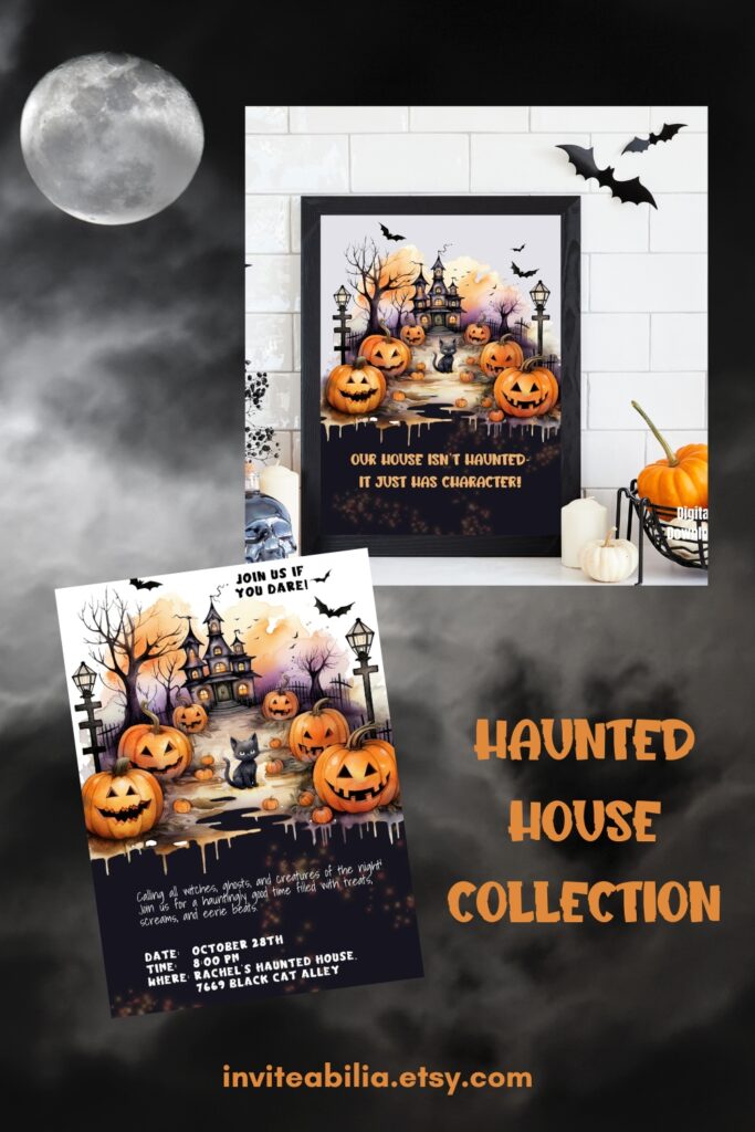 The haunted house collection includes beautiful watercolor designs of a pumpkin-lined path leading up to an earie Victorian mansion. A black cat is blocking the path and bats are flying in the background. Includes wall art with the saying "Our house isn't haunted, it jus has character!" and an invitation.