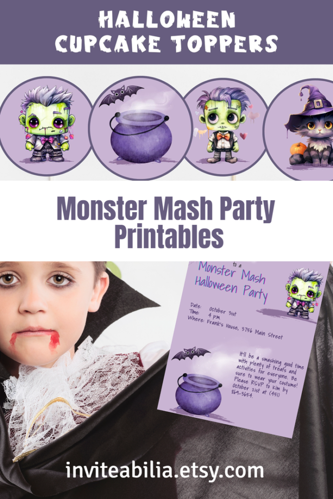 Monster Mash Party Printables feature a cute and spooky monsters, cat with a witches hat, a smoking cauldron with a bat flying near by set against a purple background. Includes invitation, gift tags and cupcake toppers with unique designs. 