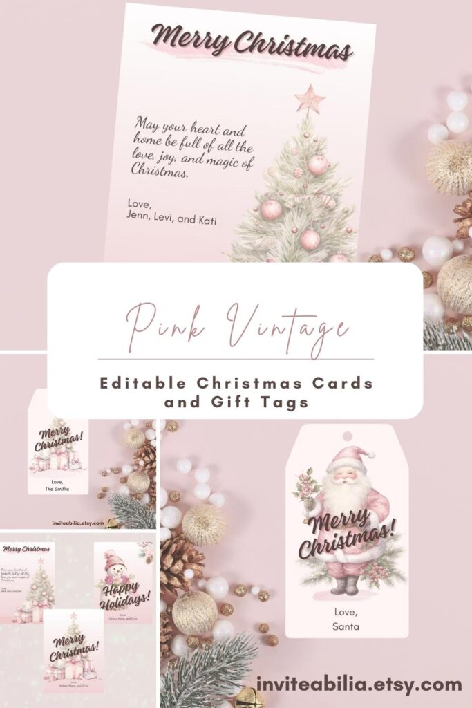 Editable Pink Vintage Christmas Cards and Gift Tags, featuring Christmas Trees, Santa, and Snowman