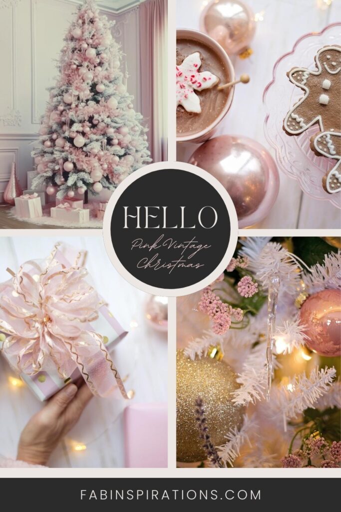 Pink Vintage Christmas Décor Inspiration with pink Christmas tree, artfully wrapped presents, beautiful vintage ornaments, and pink vintage plate with gingerbread cookies.