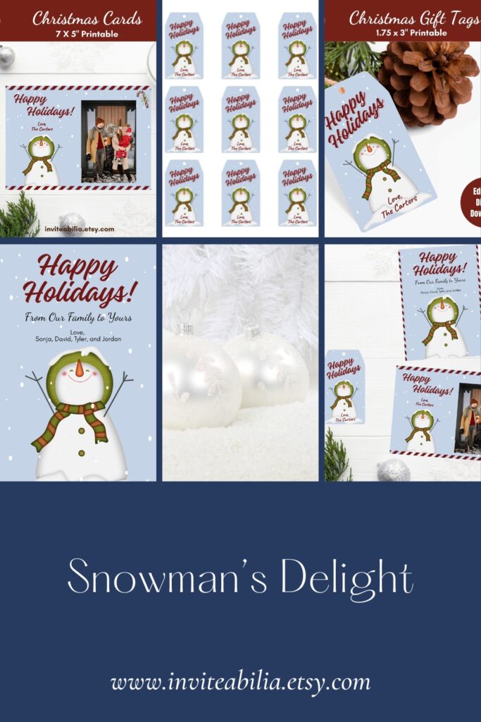 Editable Snowman's Delight Christmas Cards and Gift Tags, featuring a vintage inspired happy snowman delighting in the snow falling from the blue sky.