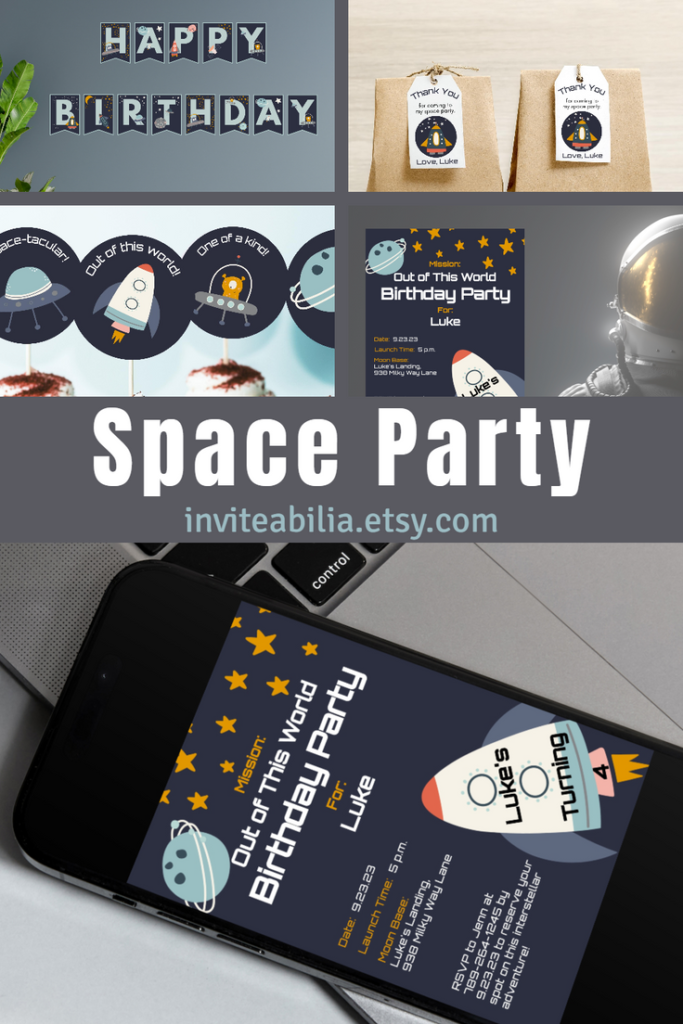 Out of this world space birthday party collection features colorful and fun graphics that would appeal to any young astronaut. Includes invitation, cupcake toppers, gift tags, birthday banner, and wall art.