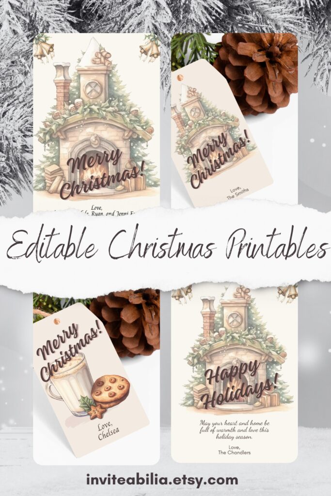 Editable Cozy Vintage Christmas Cards and Gift Tags featuring a fire place, hot cocoa, and cookies.